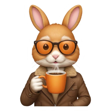 Orange rabbit, wearing brown jacket, sunglasses, holding coffee mug sticker