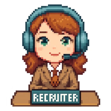 Create an 8-bit pixel art style emoji of a cute female recruiter sitting at a table wearing a headset. Combine elements from the two reference images into one cohesive emoji. The background should be removed, leaving only the subject. sticker