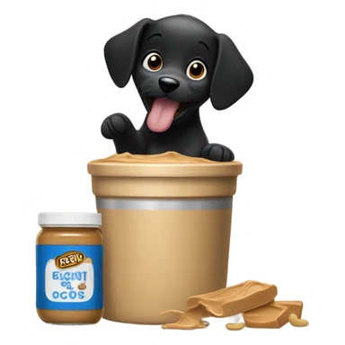 Black puppy eating a container of peanut butter sticker