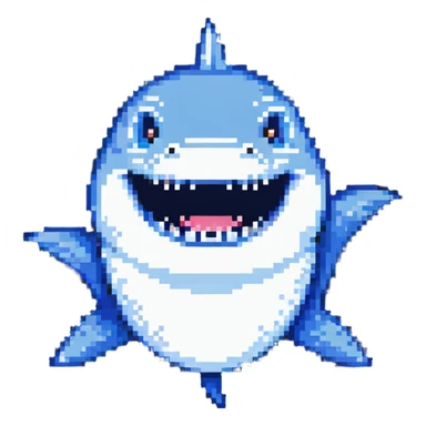 smiling shark with visible white teeth and blue body sticker