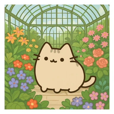 beige blonde pusheen-style kitten in a botanical garden greenhouse filled with flowers sticker