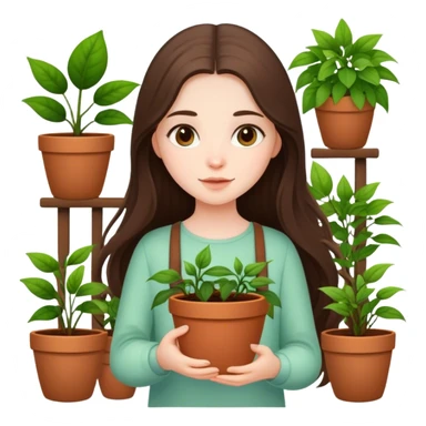 beautiful pale brunette girl with long hair holding plants in the pots sticker