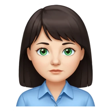 50 yr old woman, blue green eyes, long straight dark brown hair, business shirt, chubby, bangs sticker