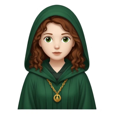 A white woman, a little heavier face, with long dark auburn hair robed and hooded like she's a Traitor in the tv show The Traitors. her hair is slightly curly, but kinda frizzy, not with defined curls, and the robe is a very dark green color sticker
