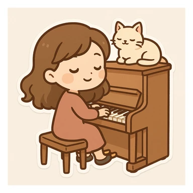 woman playing piano while her cat sits on top of the piano sticker