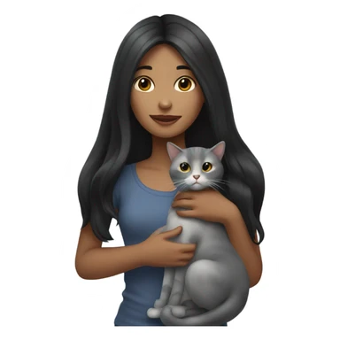 A girl with long black hair is holding a gray cat sticker