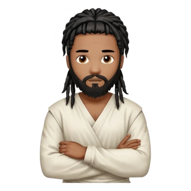 African American man with shoulder length black dreadlocks with black beard wearing a white blood stained white tunic with arms folded together across chesttunic sticker