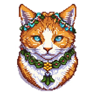 head of a ginger cat with a garland on the ears, pixel art sticker