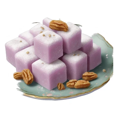 Turkish delight stacked cubes with chopped walnuts and covered with powdered sugar, on a floral porcelain plate sticker