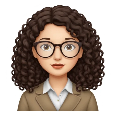 lady with glasses, long dark brown curly hair, neutral expression sticker