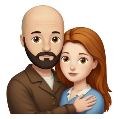 Couple. Bald man with dark brown-black beard. White woman with many small, faded freckles, she has white skin and she has auburn-yellow-brown-cinnamon, dark long hair. She has light brown eyes. The man have hazel eyes. Retro style. They hug. sticker