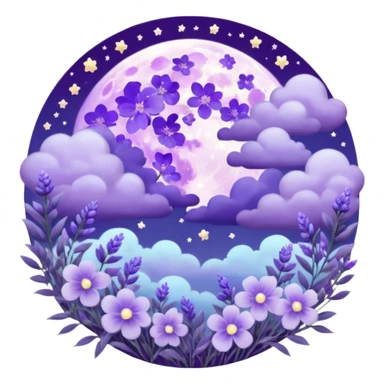 Beautiful poetic ethereal romantic magical aesthetic sparkly glittery shiny pretty floating pastel lilac lavender Violet full moon and flowers and leaves aesthetic pastel clouds scenery  sticker