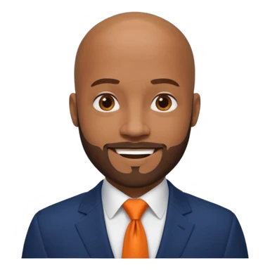 headshot of a sophisticated, stylish, bald head, smiling Caribbean black man with a beard and goatee in a navy blue suit, orange tie sticker