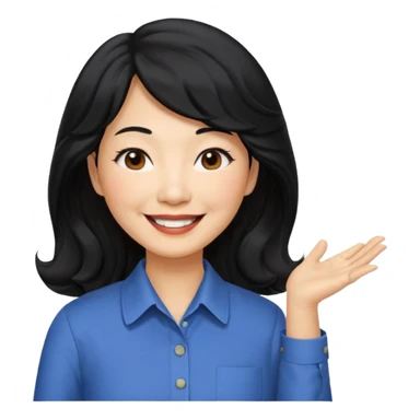 60 yr old asian woman, wavy thick black hair past shoulder length, side part, side swept bang, big smile, collared shirt, long hair sticker