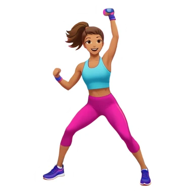An energetic person performing an aerobics workout in a brightly lit gym, jumping and stretching with enthusiasm. The scene includes vibrant fitness equipment like dumbbells and exercise mats, with a background of cheerful, motivating colors, conveying energy and movement. sticker