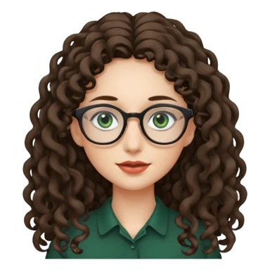 rapariga, olhos verdes escuros, cara comprida, cabelos muito compridos aos caracóis, com óculos sticker