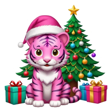 Smiling Pink tiger with Santa sitting by a brightly lit colorful Christmas tree with gifts 🎁  sticker