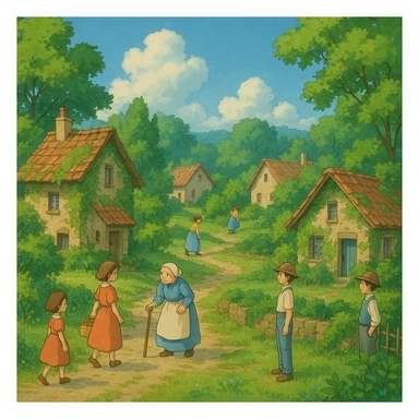 ghibli style peaceful village scene with lush greenery, villagers, and cozy homes sticker