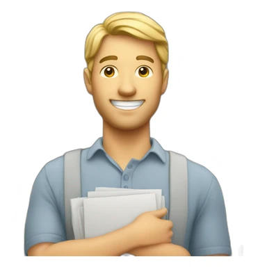 A smiling man holding a gray apartment building in his hand sticker