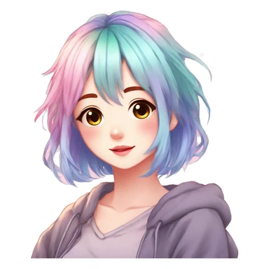 Gorgeous anime style shojo character with blushing face aesthetic and pretty colorful shiny gradient pastel hair with hair garment trending style sticker