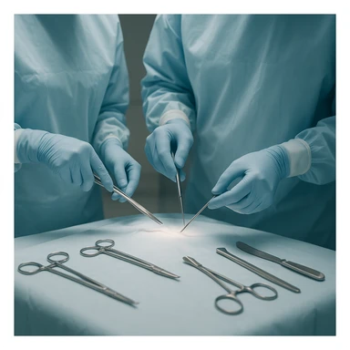 surgery medical operation scene, clean and professional, focus on surgical tools and hands, no gore, suitable for healthcare context sticker