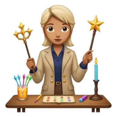 The Magician tarot card emoji inspired by Rider Waite Smith deck, figure holding wand, table with symbols, concise and colorful sticker