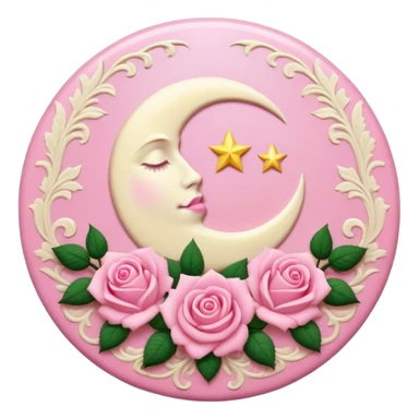 A round pink button with a cream colored damask moon and pink roses in the center sticker