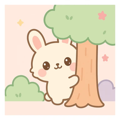 kawaii style furry creature peeking from behind a tree in a forest sticker