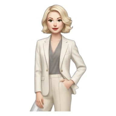 pale skin woman with ash blonde Straightened bob Hair, White Spacious classical jacket, beige palazzo Arrow pants and gray blouse holding a color palette in the hands sticker