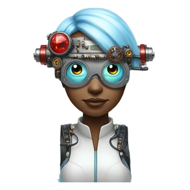 Light blue long hair female cyborg head with red steampunk goggles and circuits sticker