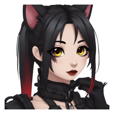 Gorgeous gothic dark techwear anime style anthro cat furry with blushing face aesthetic and pretty edgy black red punk messy ponytail hair with collar and harness trending style sticker
