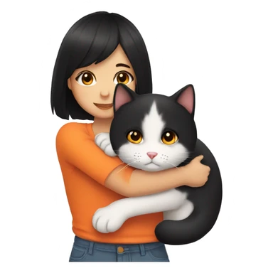 girl with black hair hugging a Orange and white cat sticker