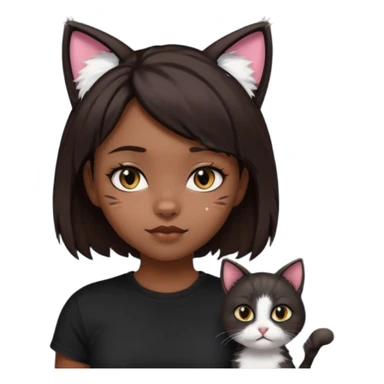a girl with short dark brown hair with lots of dandruff , cat ears and a tail, with a black t-shirt on sticker