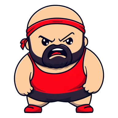 White skin fat guy with black durag, black beard, black eyes in a red and black wrestling singlet with angry face sticker