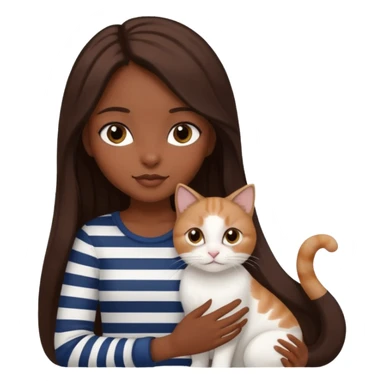 a dark-skinned girl with long brown hair, big brown eyes and a Scottish white cat with black stripes in her hands sticker