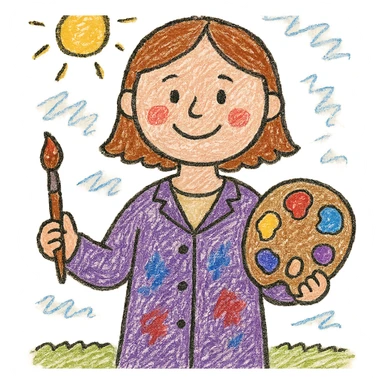 Serene female oil painter, Caucasian features, shoulder-length auburn hair, soft brown eyes, gentle smile, wearing a violet painter’s smock lightly stained with paint over a beige blouse, holding a wooden palette with vibrant colors in one hand and a brush in the other, waist-up, front-facing sticker