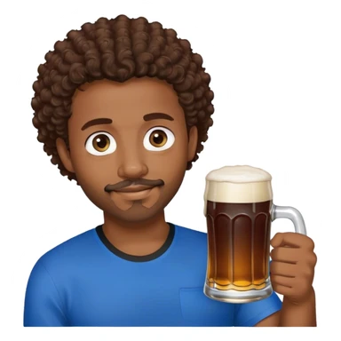 black man with short brown curly hair and blue eyes facial hair black shirt holding a beer sticker