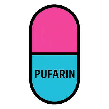 PUfarin depicted as a single capsule with a split color design, modern icon style sticker