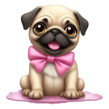 Baby pug with big pink
eyes wearing a pink bow above 1 ear sitting in a puddle   laughing  sticker