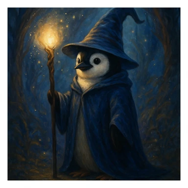 a penguin dressed as a wizard, wearing a pointed hat and holding a magic staff, in a magical setting sticker