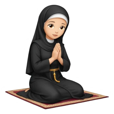 Light skin Muslim woman in plain black abaya side profile praying on prayer mat  holding up hands to god sticker