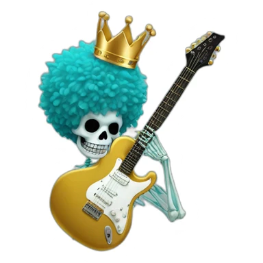 Soolking brook ;black affro cut ;turquoise electric guitar;golden crown ;skeletal face sticker