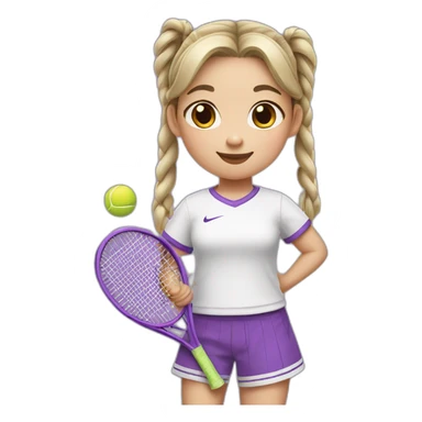 a little chinese girl wearing a white nike shirt with two pig tails hair style holding a purple tennis racket to her chest sticker