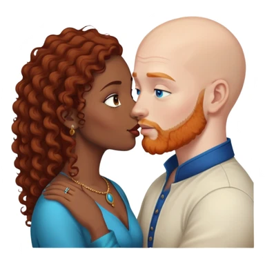 Bald white male with ginger beard and blue eyes kissing indian brown woman with black curly hair sticker