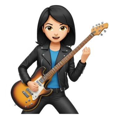 Young woman – standing on stage, leather jacket, playing electric guitar, energetic pose sticker