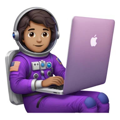 guy astronaut with purple suit, long ombre black/brown wavy hair and one macbook sticker