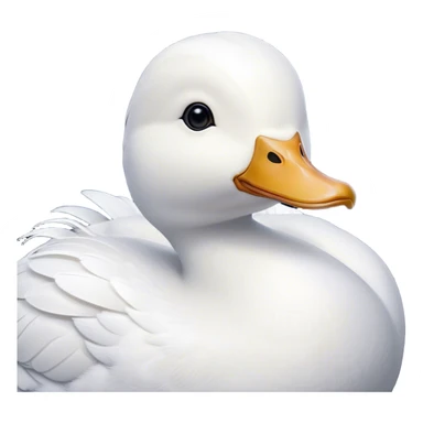 Cinematic Noble White Duck Portrait Emoji, Poised and regal, with a sleek, streamlined build and a pristine, well-groomed pure white plumage, deep-set soulful bright eyes, Simplified yet sharp and sophisticated features, highly detailed, glowing with a soft, dignified glow, high shine, intelligent and graceful, stylized with an air of aquatic elegance, focused and attentive, soft glowing outline, capturing the essence of a watchful and confident waterfowl, so majestic it feels as though it could glide out of the screen with effortless authority! sticker