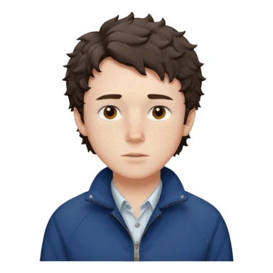 Owen Cooper in dark brown short and choppy fringe short slightly curly hair with brown eyes and pale skin, with obvious freckles on his cheeks, wearing deep blue jacket and white shirt sticker