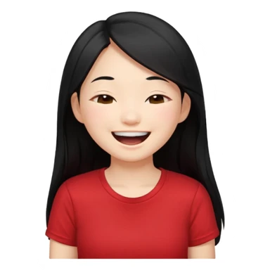 Cute asian girl with long hair and red t shirt who is laughing with eyes closed sticker
