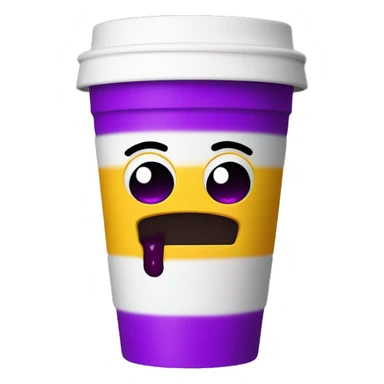 Styrofoam double cup with purple liquid inside, and a silly face on the outside sticker